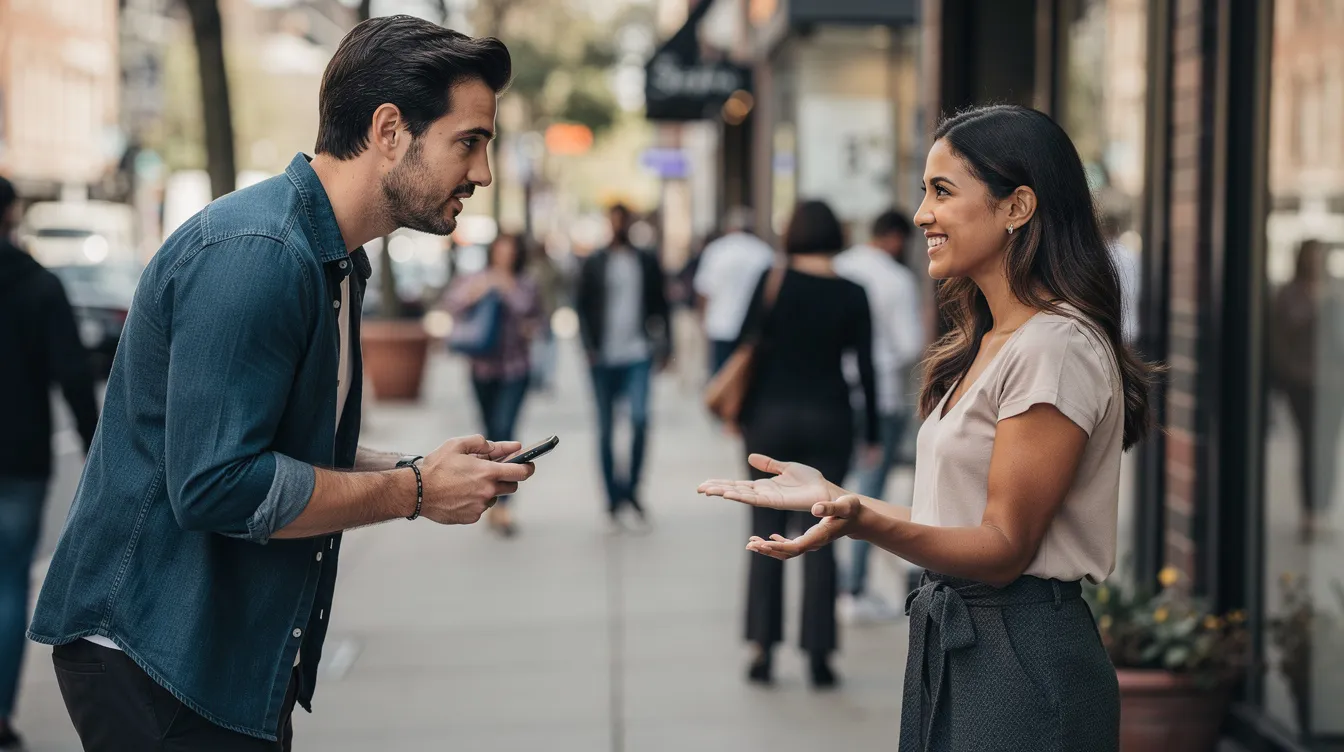 In the image, a man is seen asking a woman for her phone number, while she shakes her head and politely declines. The scene captures the moment of hesitation in the context of dating, highlighting the importance of personal boundaries in real-life interactions.