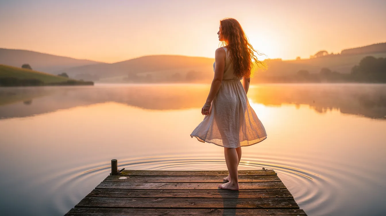 Eine Frau mit roten Haaren steht barfuß auf einem Holzsteg an einem stillen See, während die Wasseroberfläche den warmen Sonnenuntergang reflektiert. Im Hintergrund sind sanfte Hügel zu sehen, die eine friedliche Atmosphäre schaffen.