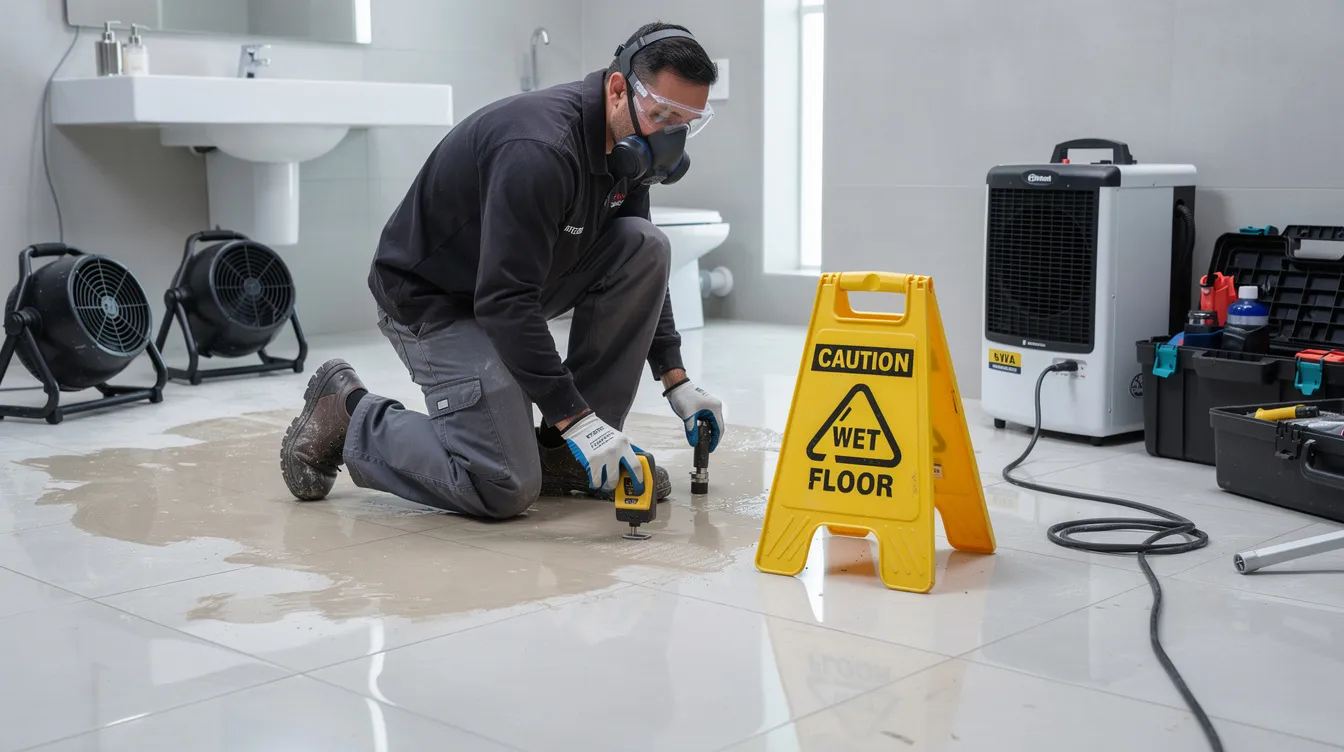 An emergency restoration technician in protective gear inspects a wet bathroom floor, equipped with tools to address potential sewer backup issues. The scene highlights the urgency of plumbing emergencies, as the technician assesses the affected area for signs of damage or clogs in the drainage system.