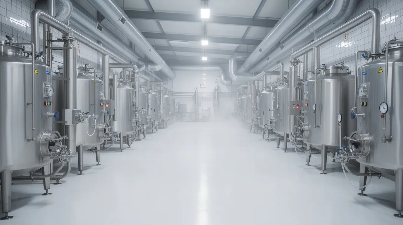 The image shows industrial stainless steel milk processing equipment inside a large dairy factory, designed for the efficient production of milk powder. This machinery is essential for the milk powder process, ensuring quality control and hygiene in the dairy industry.