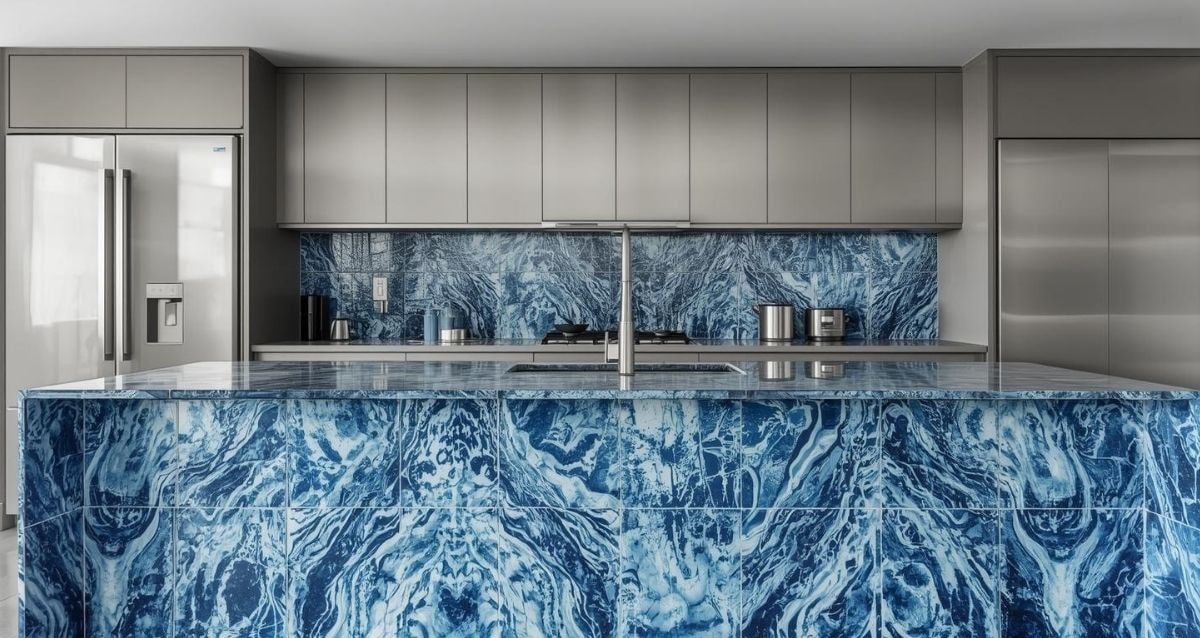 Bookedmatched blue and white tiles used across the kitchen island and backsplash