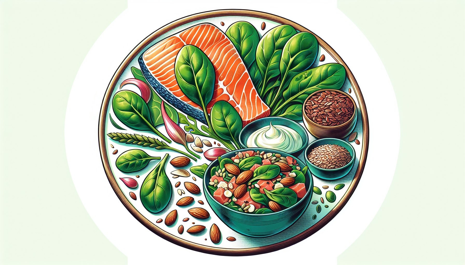 Illustration of a plate with various foods rich in magnesium