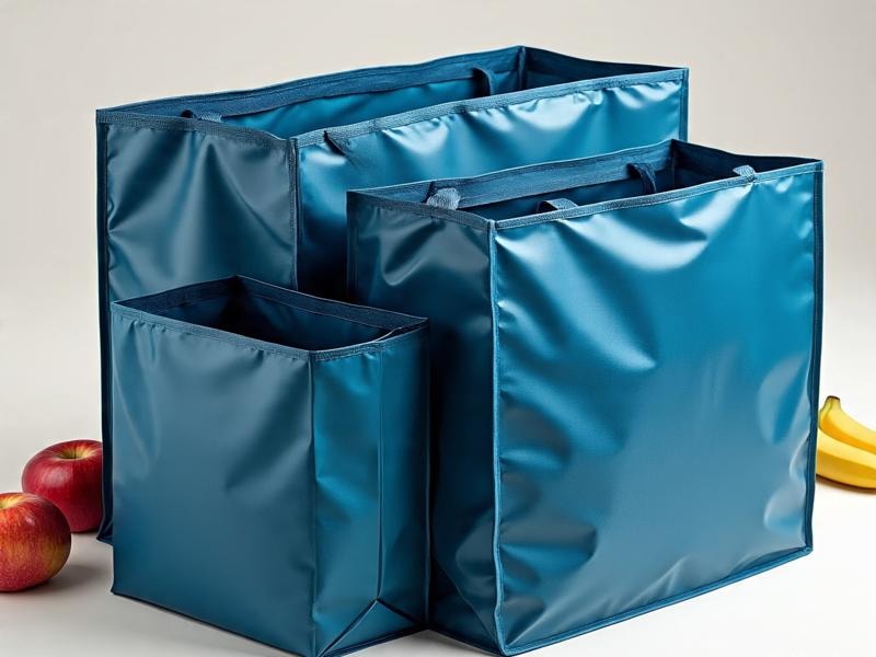 An image of three blue nylon shopping bags in different sizes placed on a light background. Two red apples and a yellow banana are beside them.