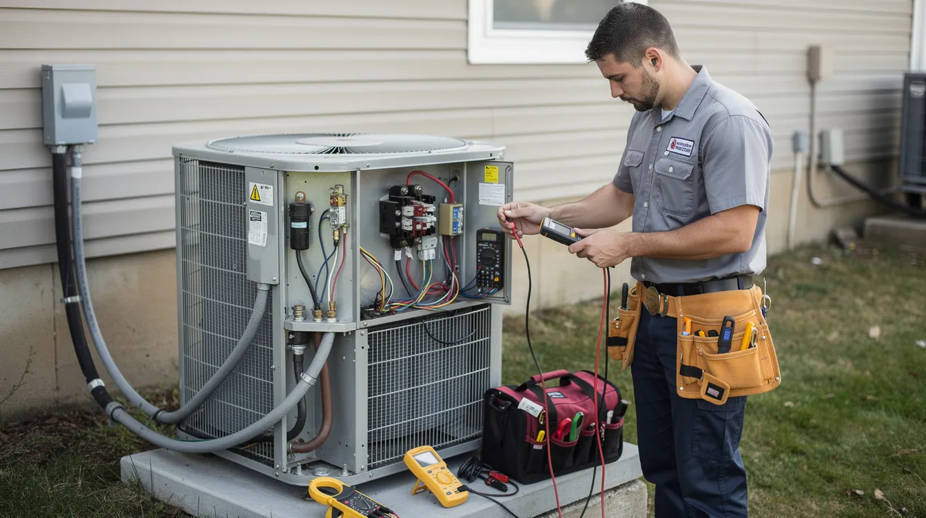 An HVAC technician is using specialized tools to check electrical readings on an outdoor condenser unit, ensuring proper system performance for the air conditioning system. This diagnostic process is crucial for identifying potential issues that could lead to costly repairs or affect the efficiency of the AC unit.