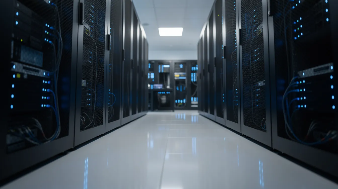 Data center rempli de serveurs informatiques éclairés en bleu.