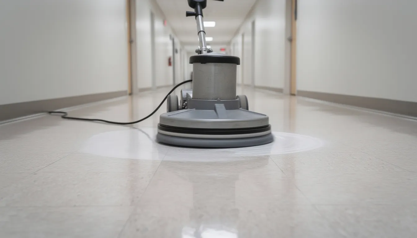 A commercial floor machine with a rotary pad is actively working on shiny VCT flooring in an empty hallway, effectively stripping and waxing the surface to enhance its appearance and protect against dirt and wear. The process demonstrates the importance of proper floor care in maintaining high traffic areas, ensuring a fresh coat that minimizes costly repairs.