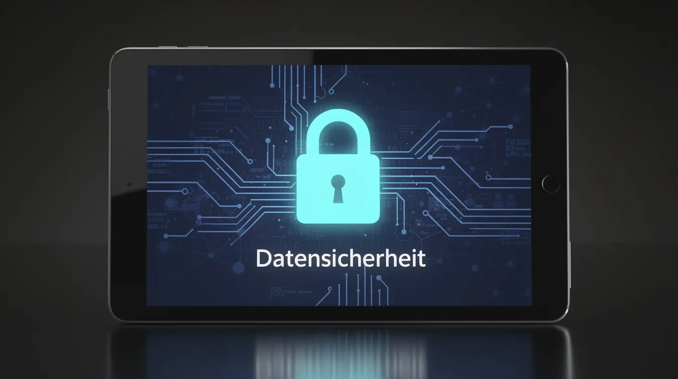 Ein digitales Schloss-Symbol auf einem Tablet-Bildschirm, das die Datensicherheit in der Cloud für Unternehmen symbolisiert und einen Fokus auf die Mitarbeiterzufriedenheit und effiziente Schichtplanung legt. Dieses Bild verdeutlicht die Bedeutung von sicheren Softwarelösungen im Bereich Workforce Management.