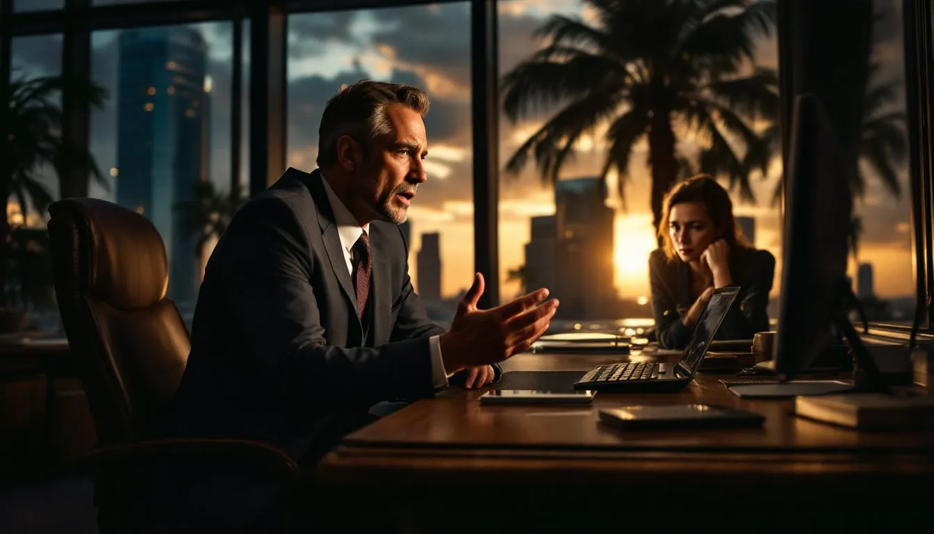 A legal consultation scene showing a lawyer discussing hurricane insurance claims with a client.