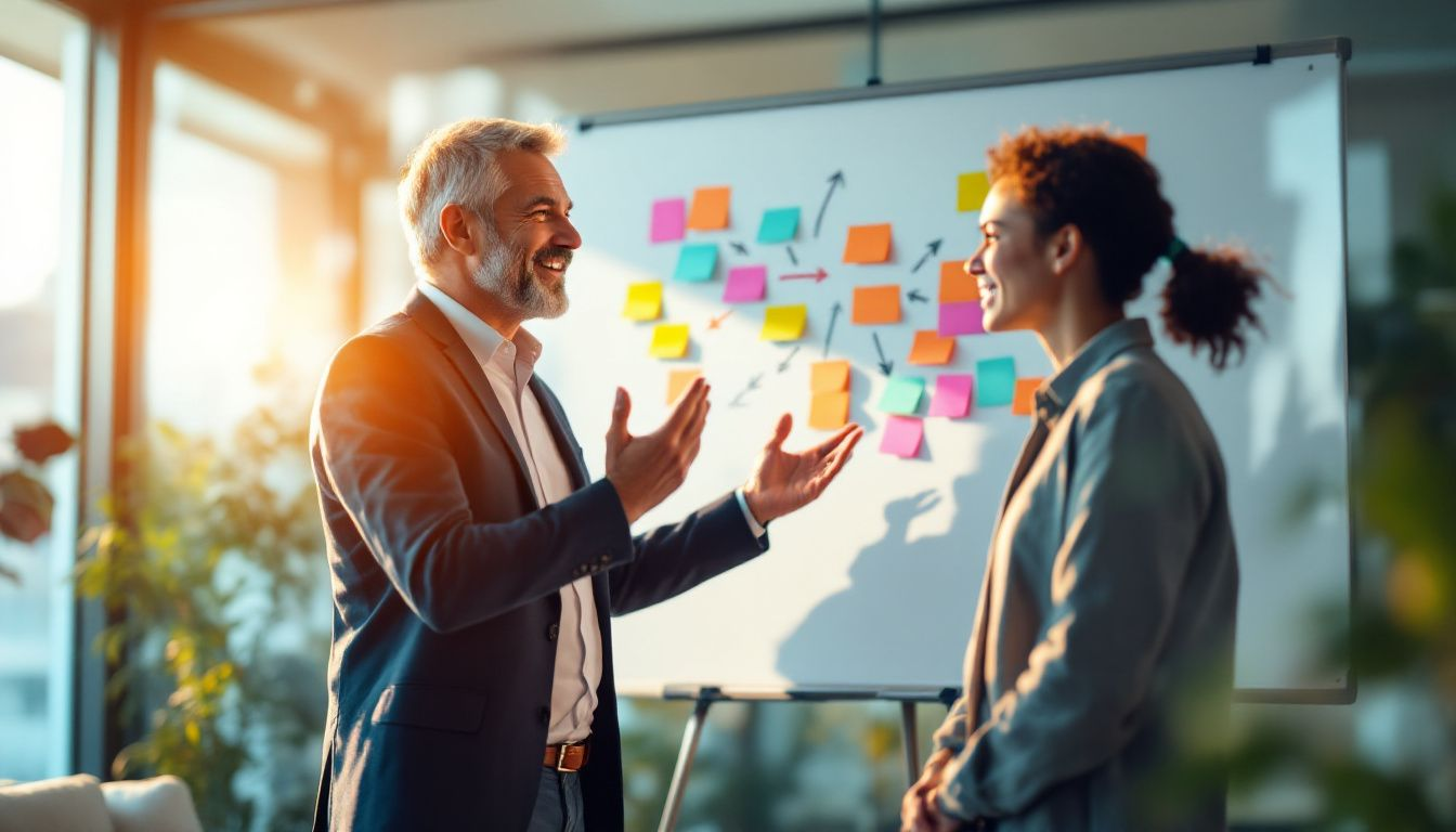 A business coach guiding a client through a discussion.