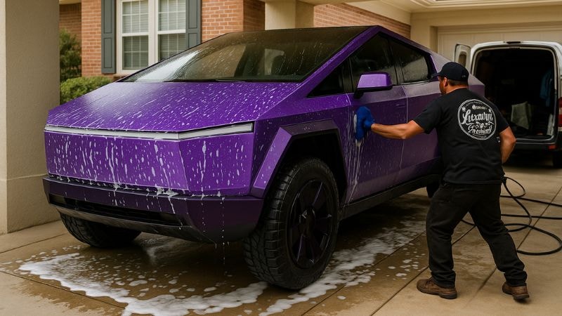 A purple vinyl wrapped cyber truck being cleaned with a micro-fiber towel and cleaning solution