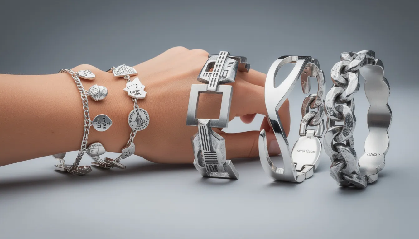 The image features a collection of stylish sterling silver bracelets, showcasing a variety of designs including chunky links and hammered finishes. Each piece reflects a modern aesthetic, combining bold architectural shapes with elegant textures, perfect for adding a unique touch to any outfit.