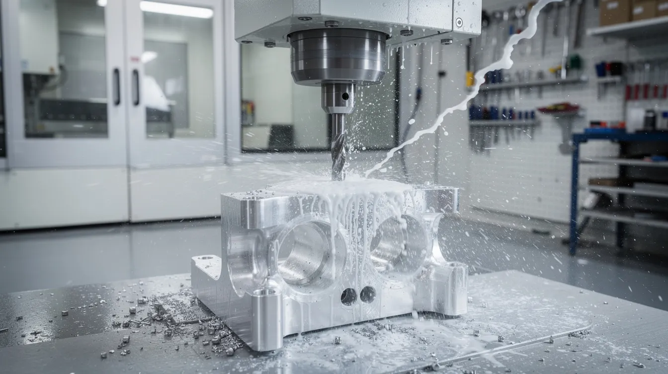 The image depicts a modern CNC machining center actively cutting an aluminum part, with a fine mist of coolant spray visible in a clean and organized factory environment. This scene highlights the precision machining capabilities of advanced CNC machinery, often utilized by top CNC machining companies for high-quality production processes.