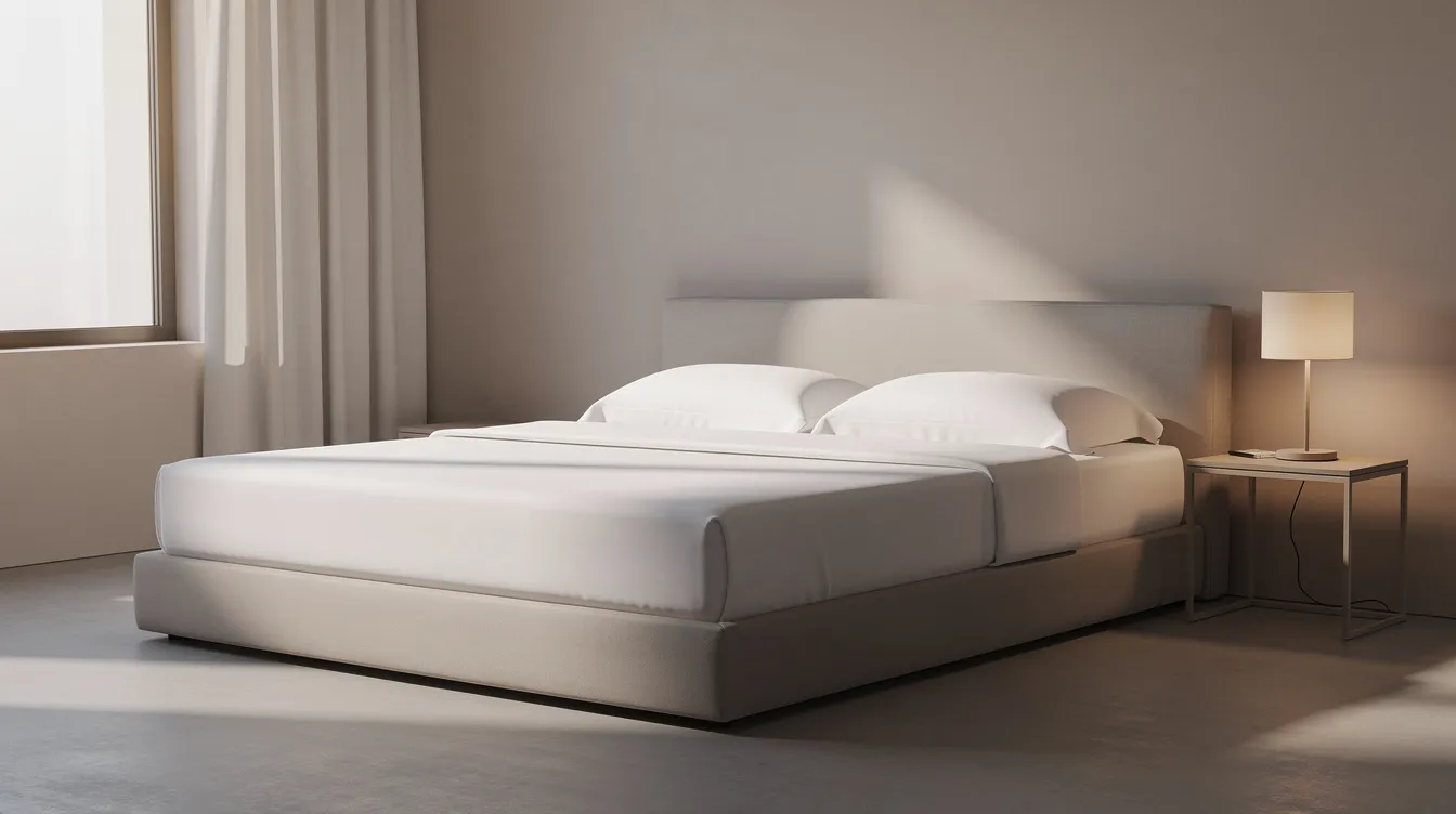 The image depicts a neatly made bed in a calm minimalist bedroom, featuring smooth satin pillowcases that enhance the overall aesthetics. The soft natural light streaming in highlights the luxurious feel of the satin fabric, ideal for promoting healthier skin and hair during a good night's sleep.