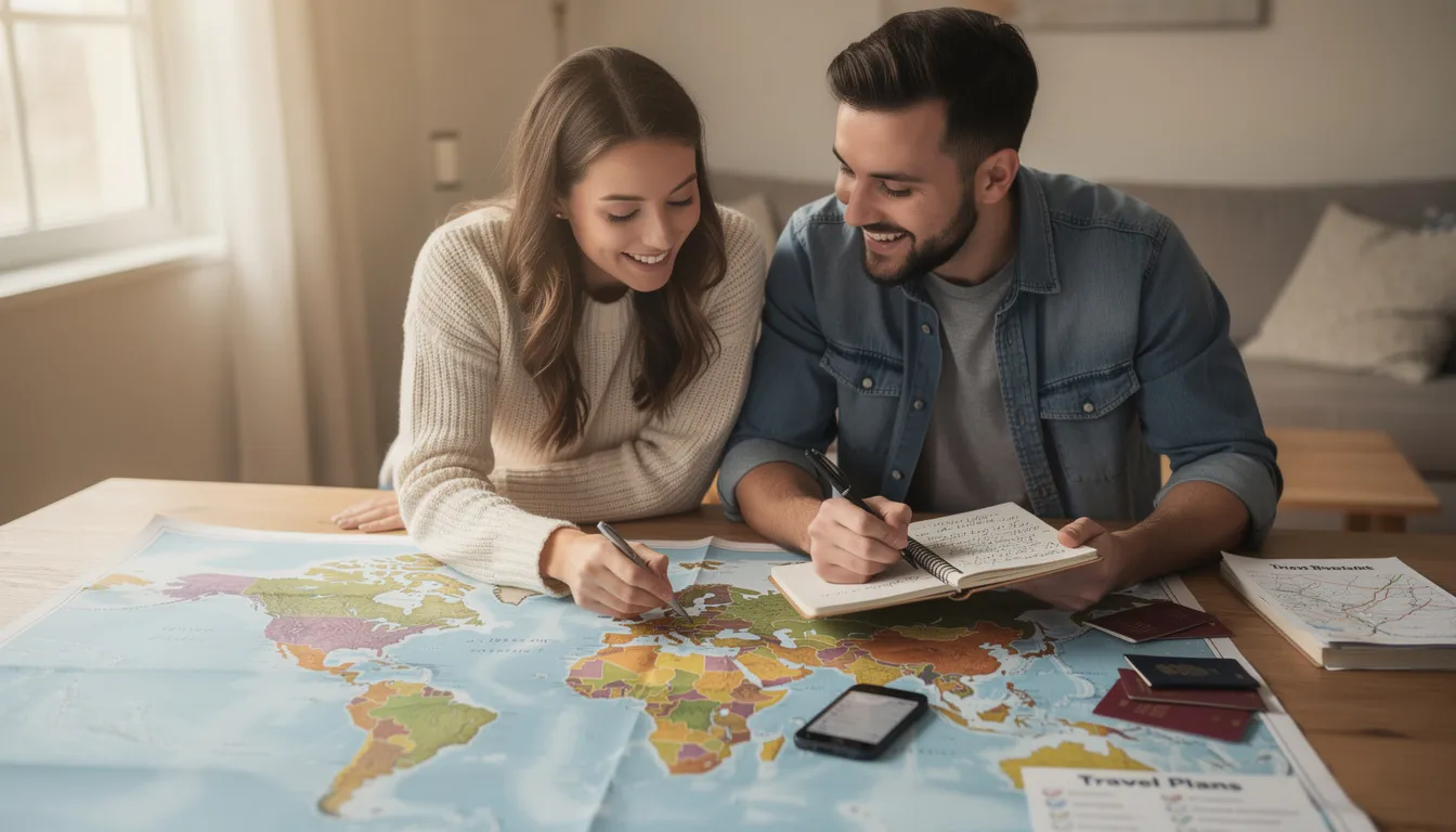 A couple is sitting together, intently studying a large world map spread out in front of them, as they plan their future travels. Their shared enthusiasm reflects their strong bond and mutual respect, highlighting the joy of exploring new places together.