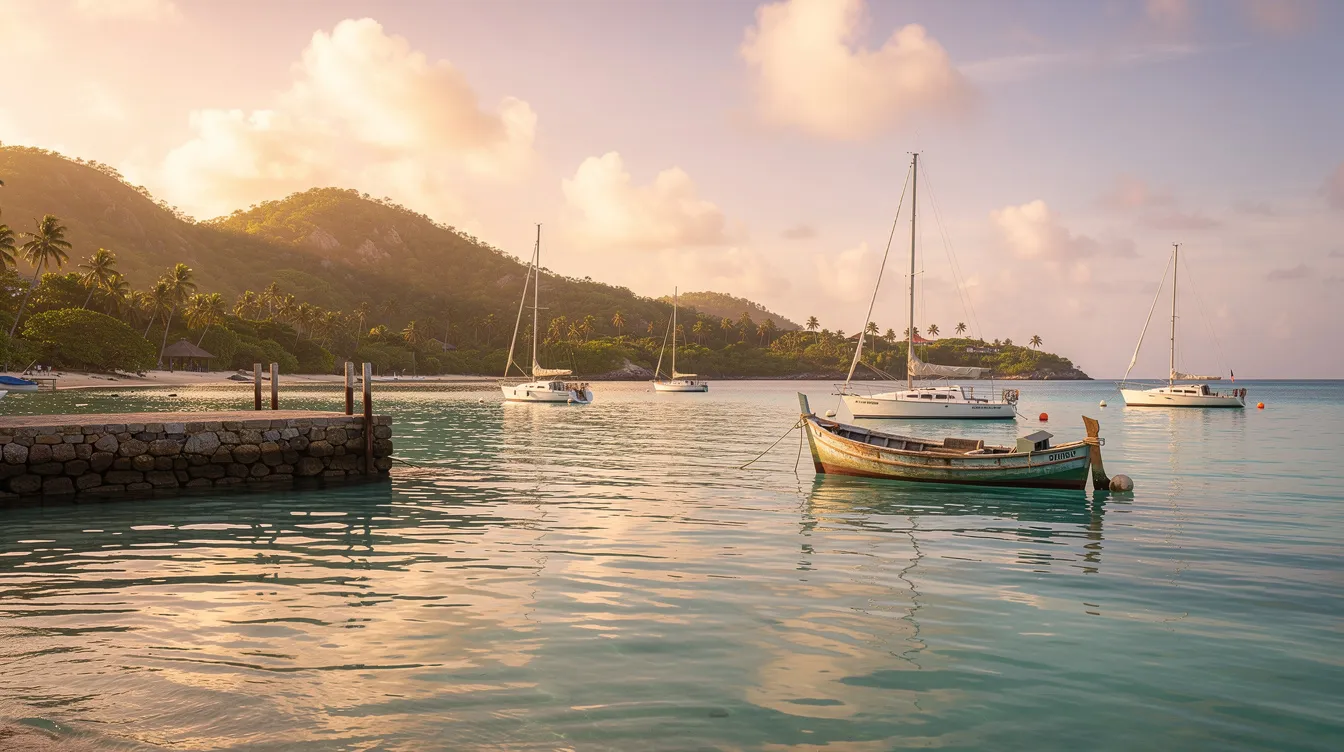 The image depicts a serene Caribbean harbor with gentle hills in the background, creating a peaceful atmosphere. This tranquil scene reflects the beauty of the Virgin Islands, where law-abiding residents enjoy the natural landscape and the constitutional rights afforded to them.