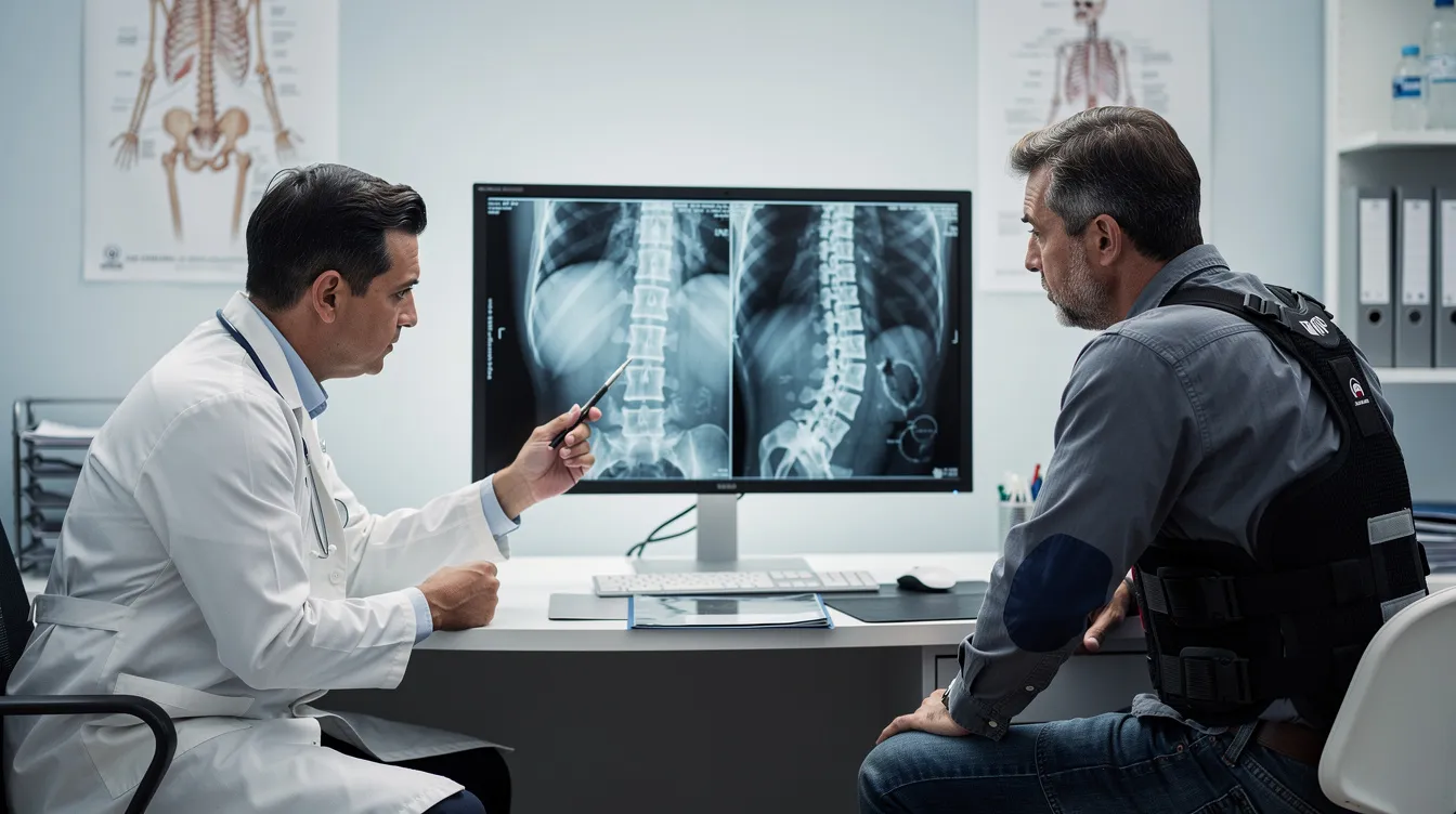 A doctor is examining spine imaging while discussing the case of an injured worker, focusing on potential workers compensation claims related to a back injury. This interaction highlights the importance of medical treatment and support for injured employees navigating their workers comp benefits in Colorado.