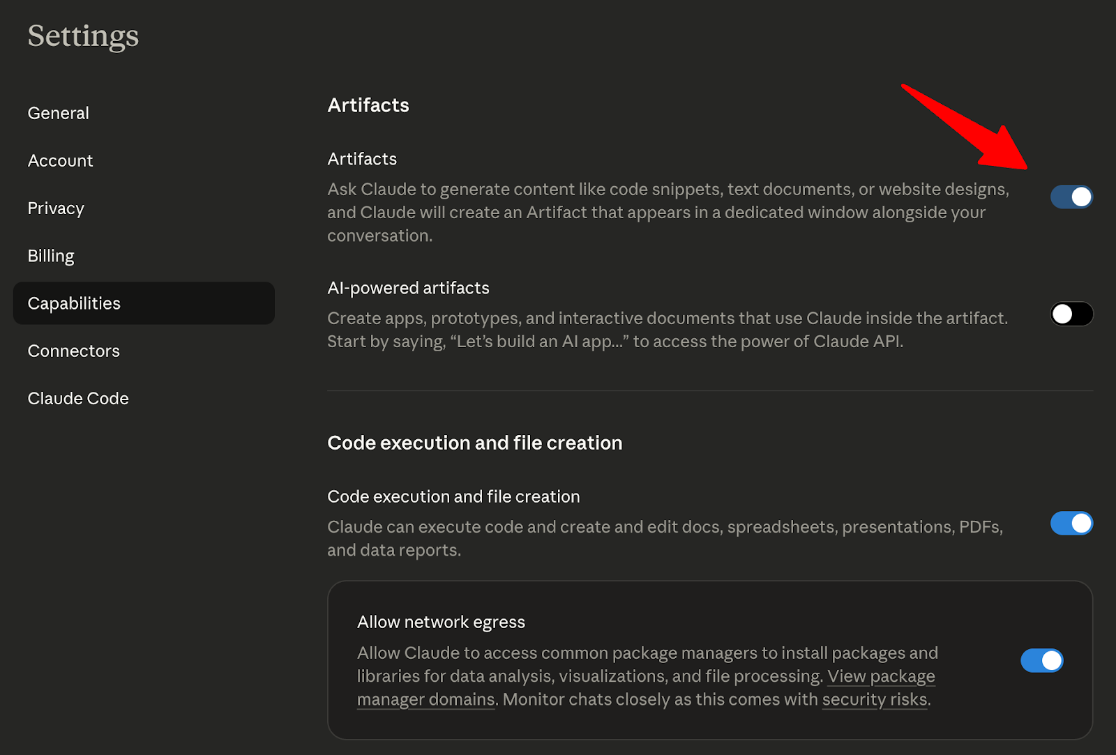 Enable Artifacts from Settings page.