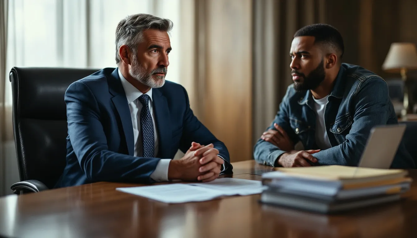 A criminal defense lawyer consulting with a client.