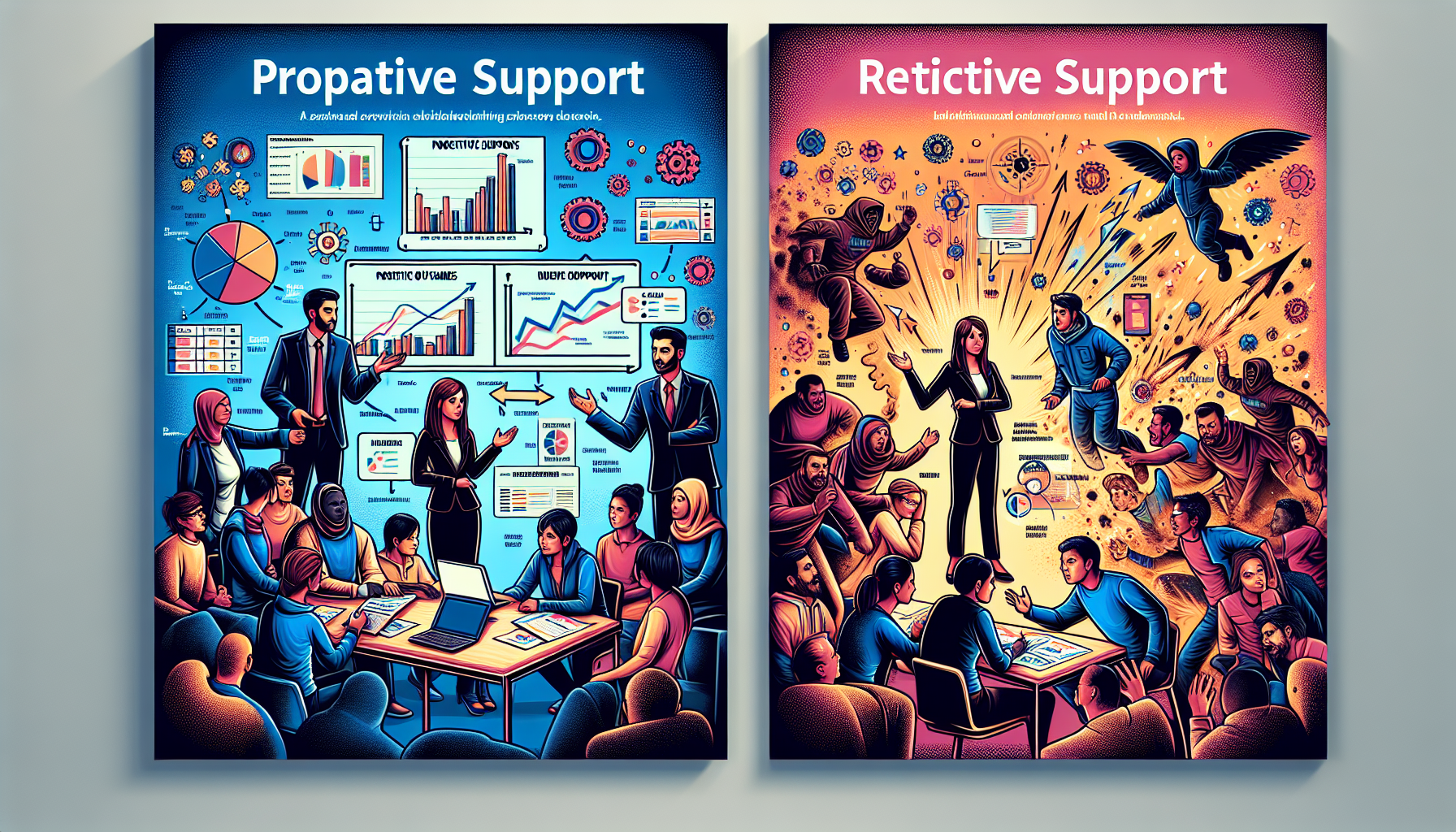 An illustration summarizing case studies of proactive vs reactive support in action.