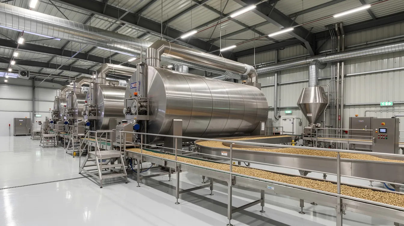 The image showcases industrial drum roasting equipment within a large food processing factory, featuring stainless steel surfaces and conveyor belts. This roasting machine is designed for low maintenance and precise temperature control, ideal for processing various grains and nuts like roasted chana, ensuring hygiene compliance and robust construction for efficient production.