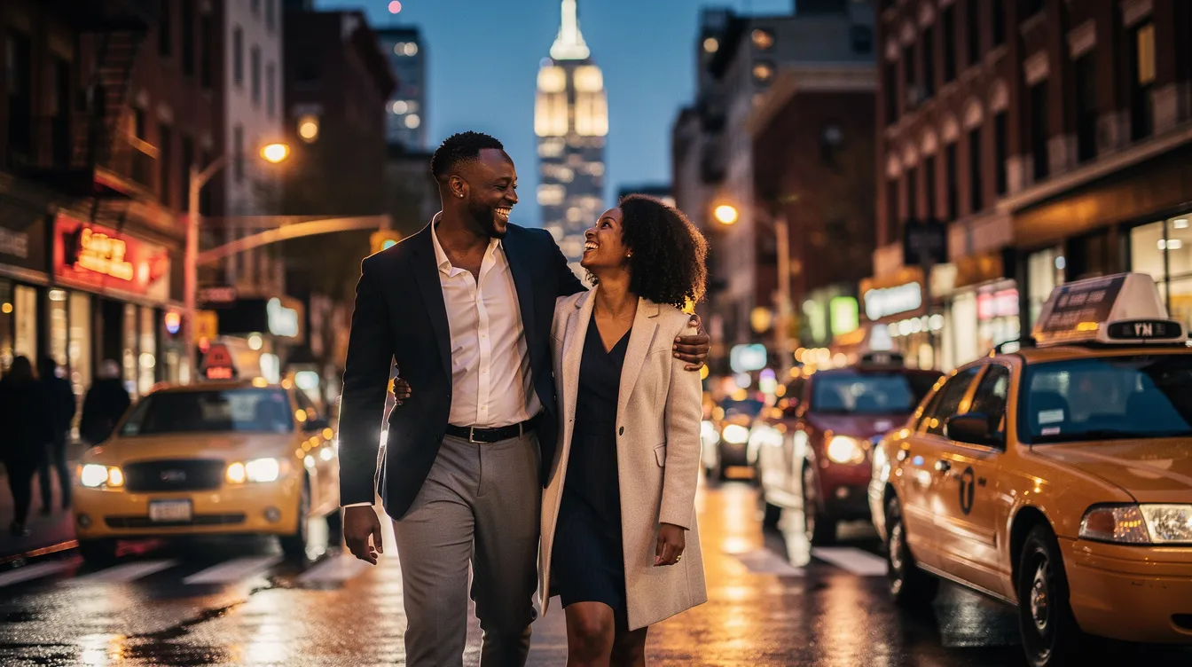 A black couple enjoys a romantic first date in New York City, with the iconic Empire State Building towering in the background. They are engaged in a lively conversation, embodying the vibrant dating culture of NYC as they explore meaningful connections amidst the city's fast-paced dating scene.