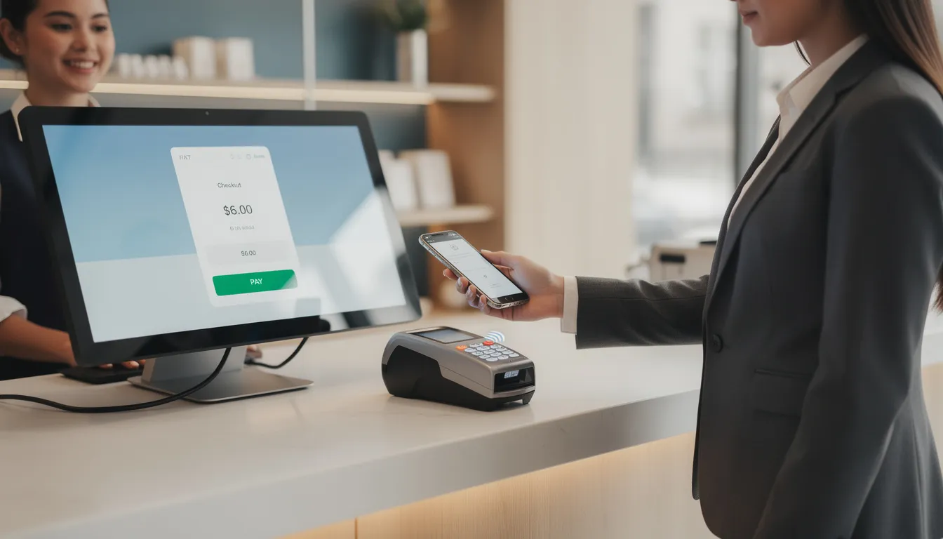 A professional is using a smartphone to make a secure payment at a modern retail checkout, showcasing the efficiency of payment services in commerce. The scene highlights the integration of technology and finance, emphasizing the importance of fraud protection and PCI compliance for a seamless transaction experience.