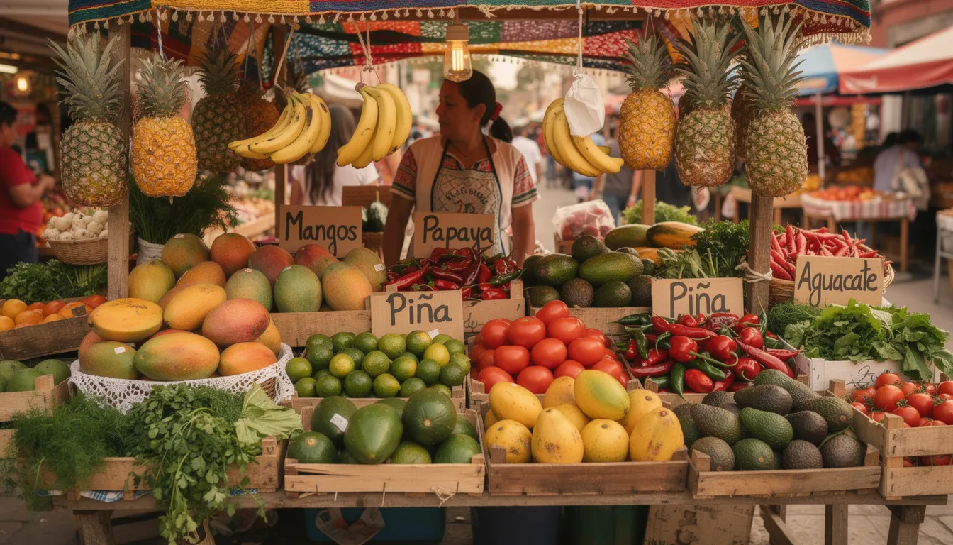 A vibrant local Mexican market stall displays an array of fresh tropical fruits and vegetables, showcasing the rich flavors of the region. This scene reflects the community spirit of San Pancho, promoting Mexican culture and local produce in the heart of Nayarit, Mexico.