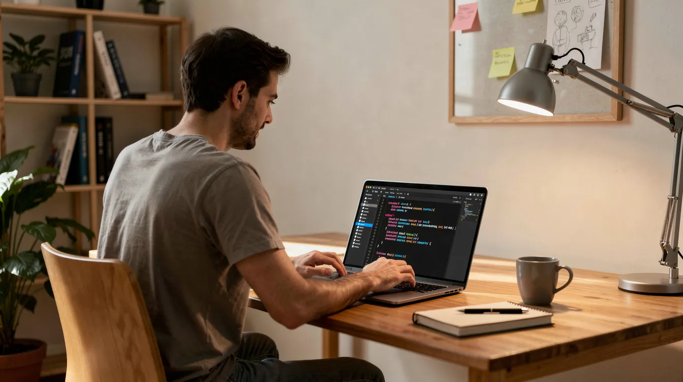 A developer sits comfortably in a casual home office, focused on a laptop displaying lines of code, likely related to the claude code API. The setup suggests a productive environment for managing tasks like usage monitoring and token costs while working on various projects.