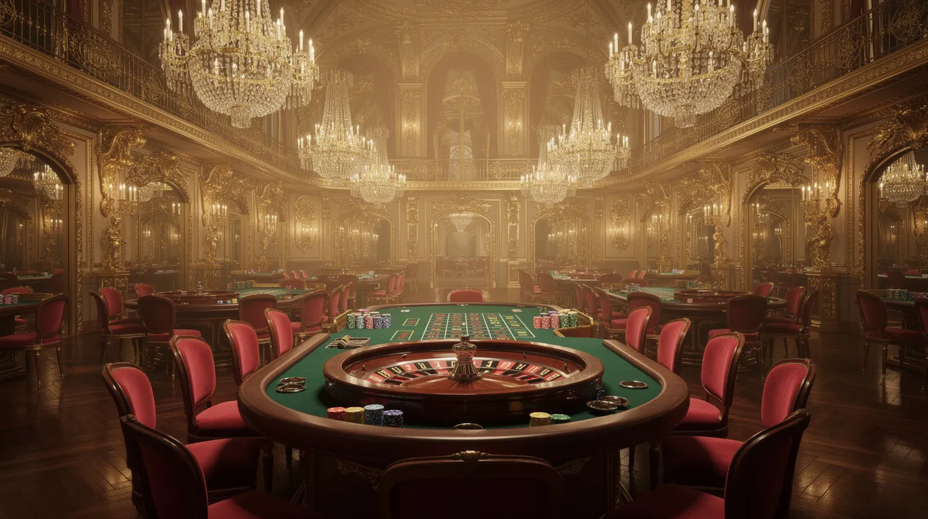 Der Innenraum eines prunkvollen historischen Spielsaals ist mit glitzernden Kronleuchtern und goldenen Verzierungen ausgestattet, während im Vordergrund ein eleganter Roulette-Tisch steht, der Spieler zu geselligem Glücksspiel einlädt. Die Atmosphäre strahlt Luxus und Unterhaltung aus, ideal für Casino-Liebhaber.