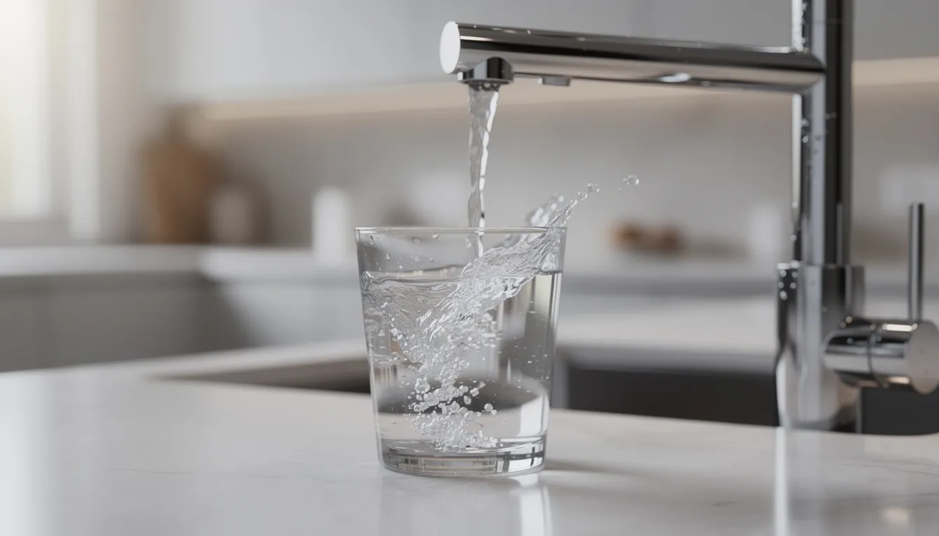 The image shows a glass of clear drinking water being filled from a modern kitchen faucet, highlighting the importance of water quality and effective water treatment systems for maintaining clean and safe tap water. This visual emphasizes the role of filtration and regular maintenance in ensuring high-quality water for households.