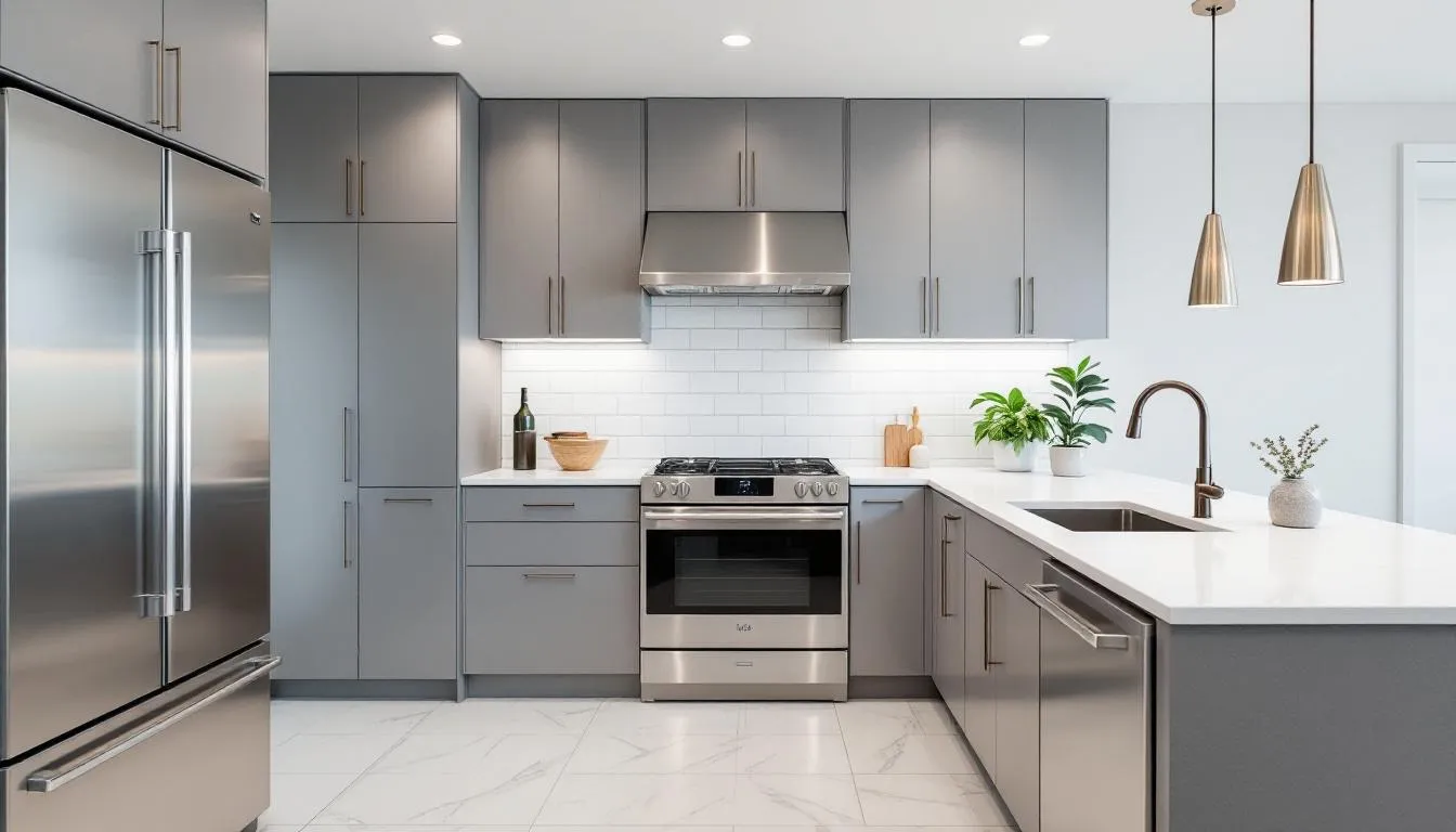 The image showcases a modern kitchen interior featuring gourmet elements, including built-in appliances and elegant quartz countertops, creating a stylish and functional cooking space. This luxurious design complements the overall aesthetic of modern houses in the sought-after Terreno at Valencia community in Naples, FL.