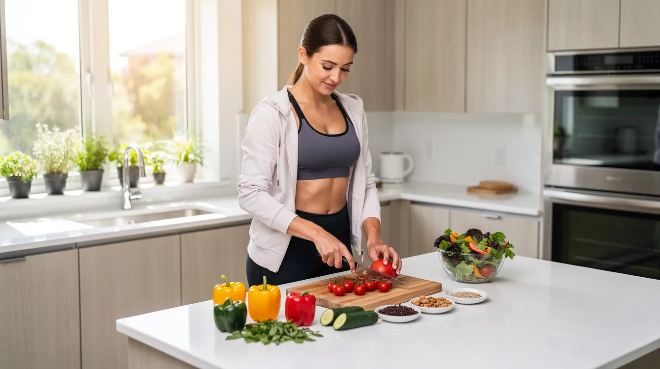 A woman in workout clothes is preparing a colorful, healthy meal in a bright, modern kitchen, highlighting her commitment to a balanced diet and healthy eating habits that promote weight loss and overall health. The vibrant ingredients suggest a focus on nutritious choices that support weight management and lifestyle changes.