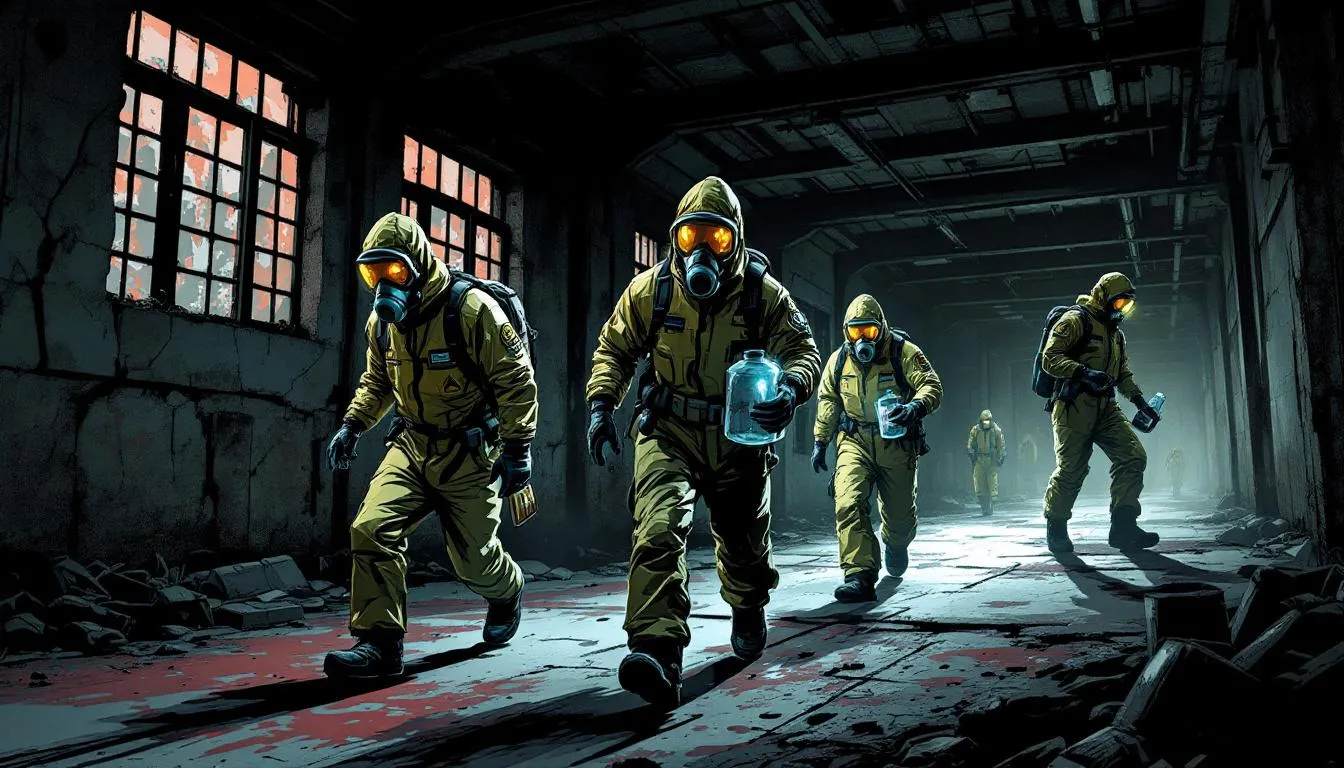 A professional team conducting biohazard remediation in a contaminated area.