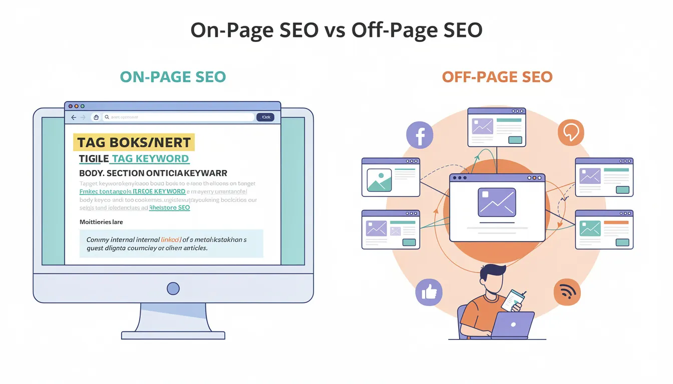 The image illustrates the concepts of on-page and off-page SEO, featuring a blog post with highlighted elements such as title tags, meta descriptions, and internal links for on-page optimization, alongside visuals of backlinks and social media engagement representing off-page SEO. This depiction emphasizes how both strategies enhance search engine rankings and improve organic traffic.