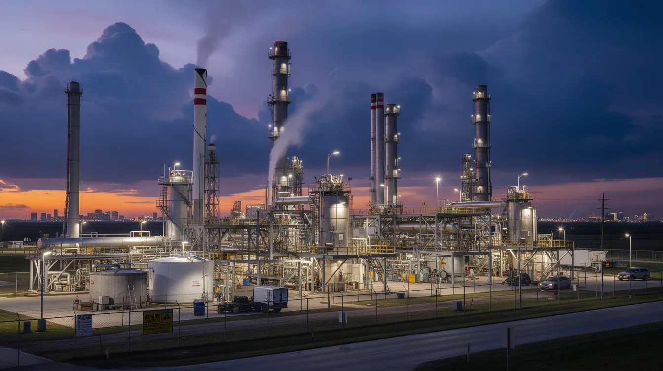 The image depicts an industrial refinery in the Houston area at dusk, with tall smoke stacks silhouetted against a colorful sky. Such facilities can pose risks of explosions, leading to serious injuries and legal cases for workers and their families.