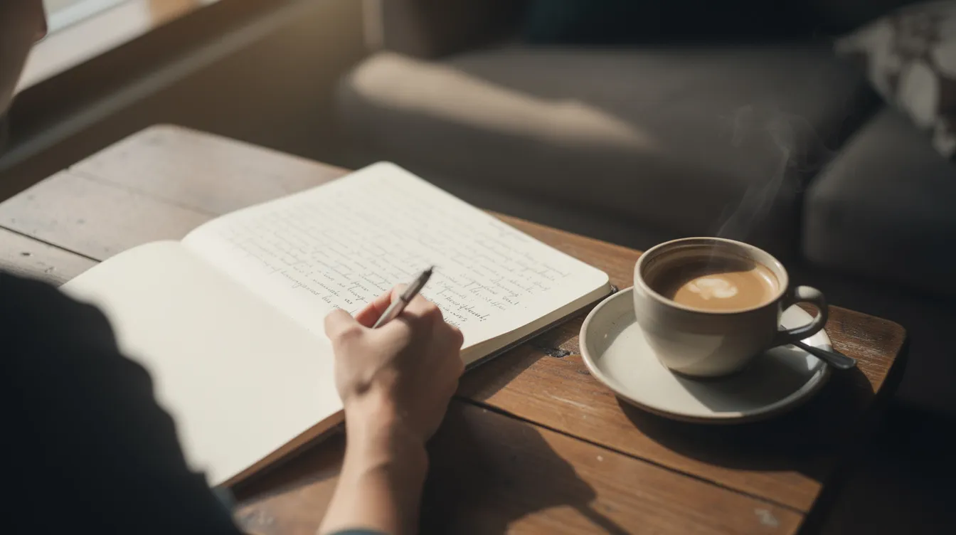 A person is sitting at a table, writing in a journal with a coffee cup placed nearby, symbolizing personal development and reflection. This scene captures the essence of leadership coaching and the importance of self-awareness in enhancing communication skills and strategic thinking for business leaders.