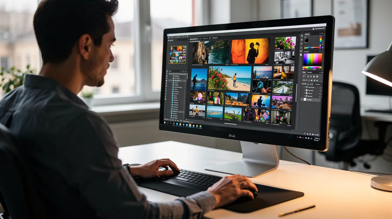 A person is sitting at a desktop computer, focused on working with multiple image files displayed on the screen, likely using an image editor to convert HEIC files to JPG format for better compatibility and image quality. The workspace suggests a task involving batch conversion or editing of high-quality images, possibly including photos from an iPhone.
