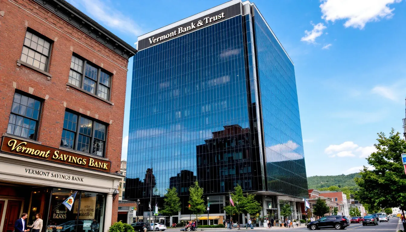 An image depicting various business lenders and financial institutions in Vermont, USA, showcasing their support for small business owners seeking loans for working capital, equipment purchases, and expansion. The scene highlights the unique needs of entrepreneurs and the variety of loan options available to help businesses grow.