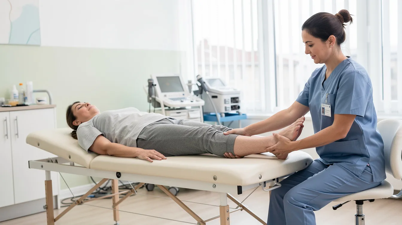 A physical therapist helping an adult with a gentle leg exercise