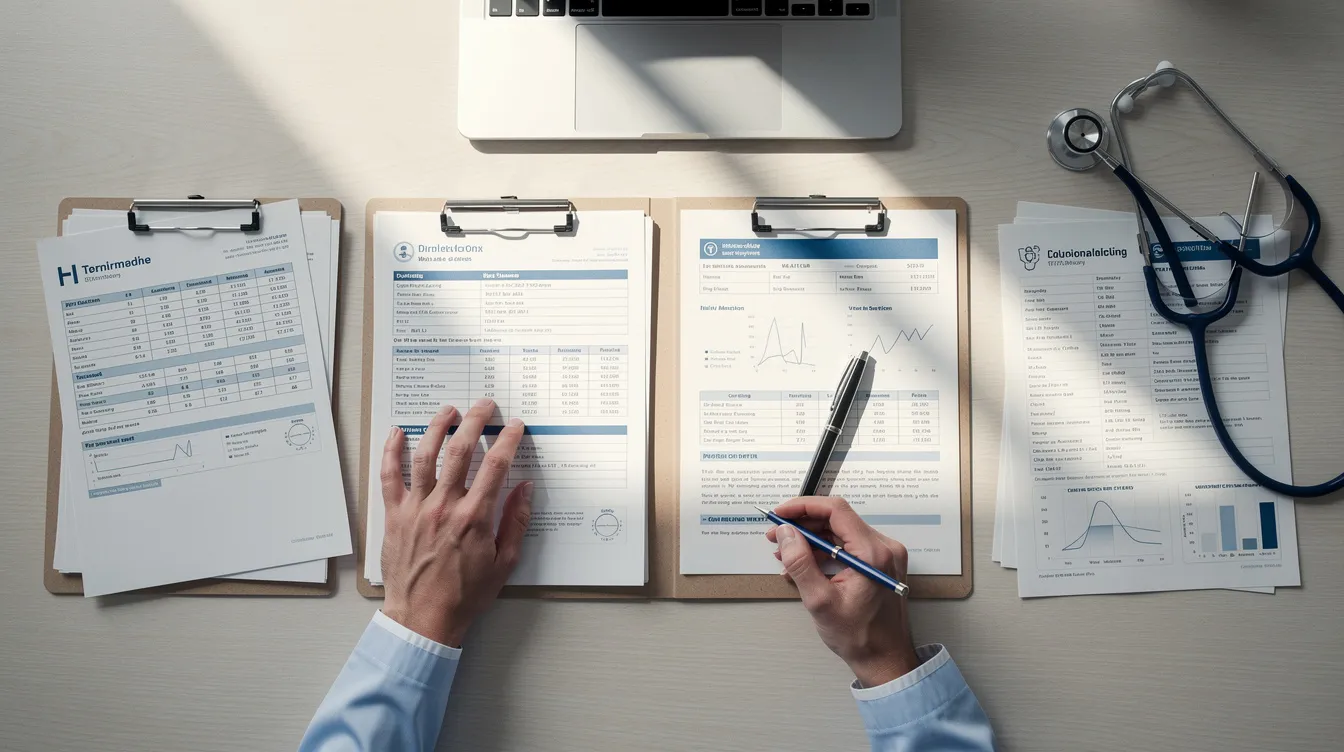 The image shows a pair of hands meticulously organizing various documents and medical records on a desk, likely related to a workers compensation claim for an injured employee. These records may include medical treatment details and other essential paperwork needed to navigate the Colorado workers compensation system.