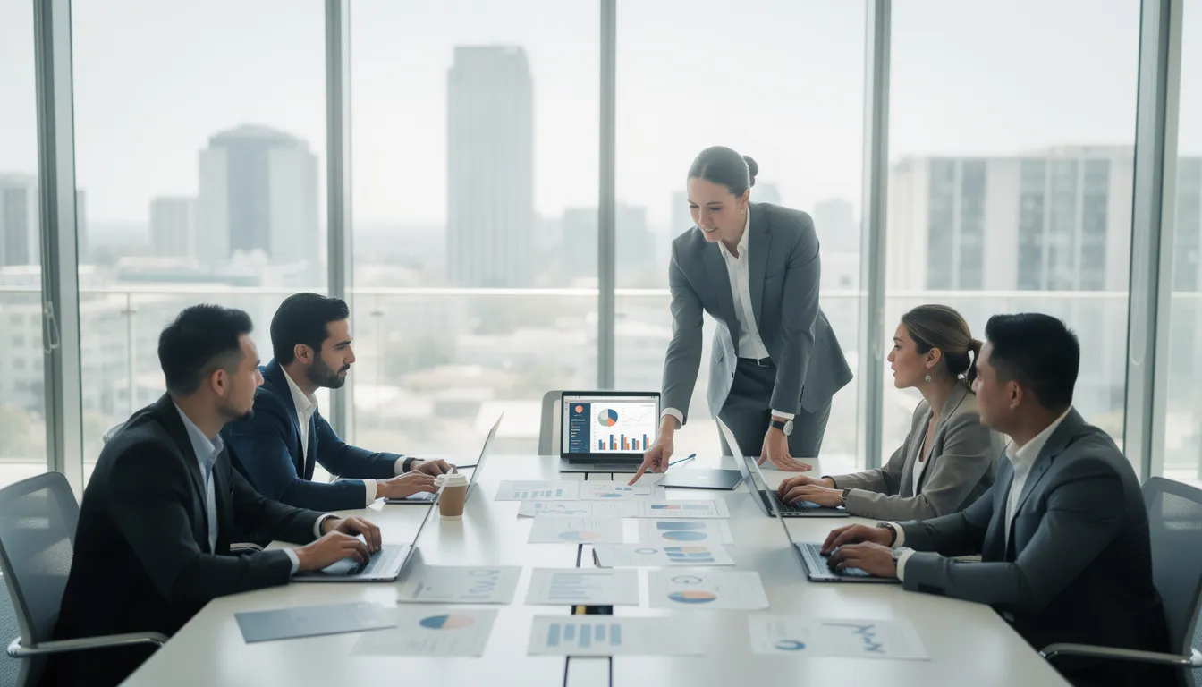 A diverse professional team is collaborating around a sleek modern conference table, equipped with laptops and charts, while discussing strategies for digital marketing and business development. The atmosphere is focused on sharing information and developing new services to enhance their marketing efforts and drive success for small businesses.