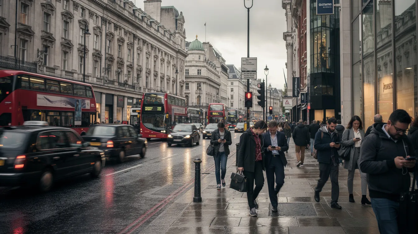 The image depicts a vibrant London city street filled with pedestrians, many of whom are engaged with their smartphones, reflecting the growing digital banking landscape. This bustling scene highlights the shift towards technology-driven financial services and the increasing reliance on mobile banking solutions among urban dwellers.