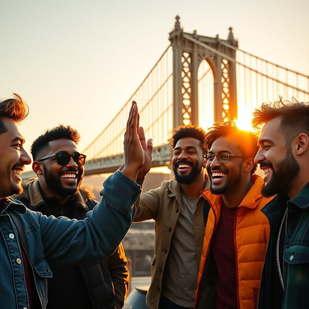 Men celebrating mental health breakthroughs and personal transformation.