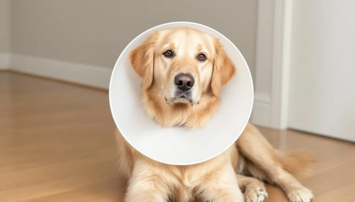 A calm dog is sitting with an Elizabethan collar around its neck, designed to protect its head area, likely due to an ear hematoma or ear infection. The collar prevents the dog from scratching its affected ear, ensuring it heals properly.