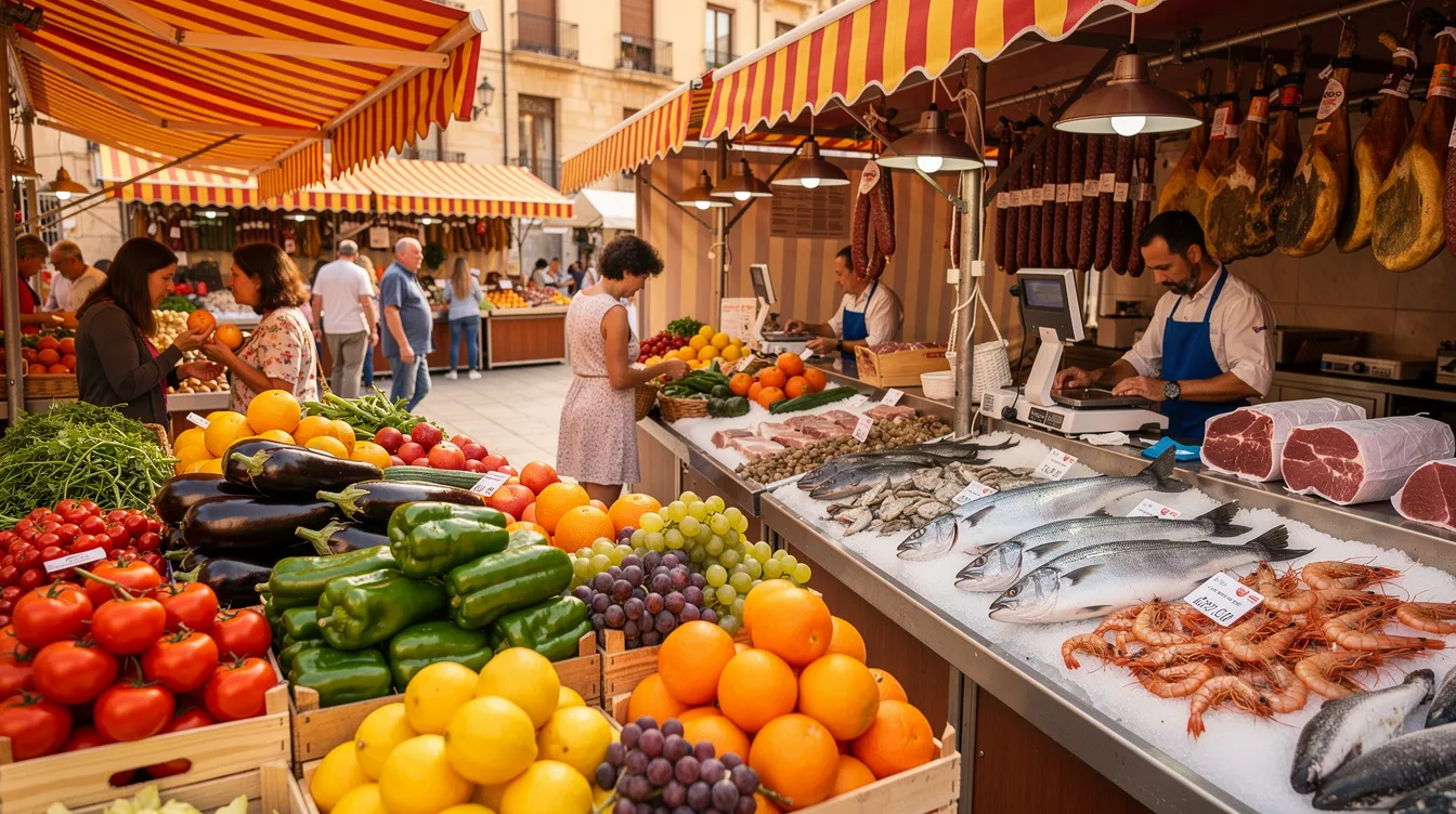 The image depicts a vibrant Spanish food market filled with colorful stalls showcasing an array of fresh vegetables, fruits, fish, and cured meats, reflecting the rich culture and culinary traditions of Spain. This lively atmosphere highlights the importance of local produce in the Spanish lifestyle, making it an attractive aspect for those considering living in Spain.