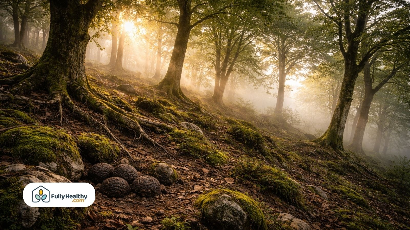 Black truffles clustered beneath oak tree roots