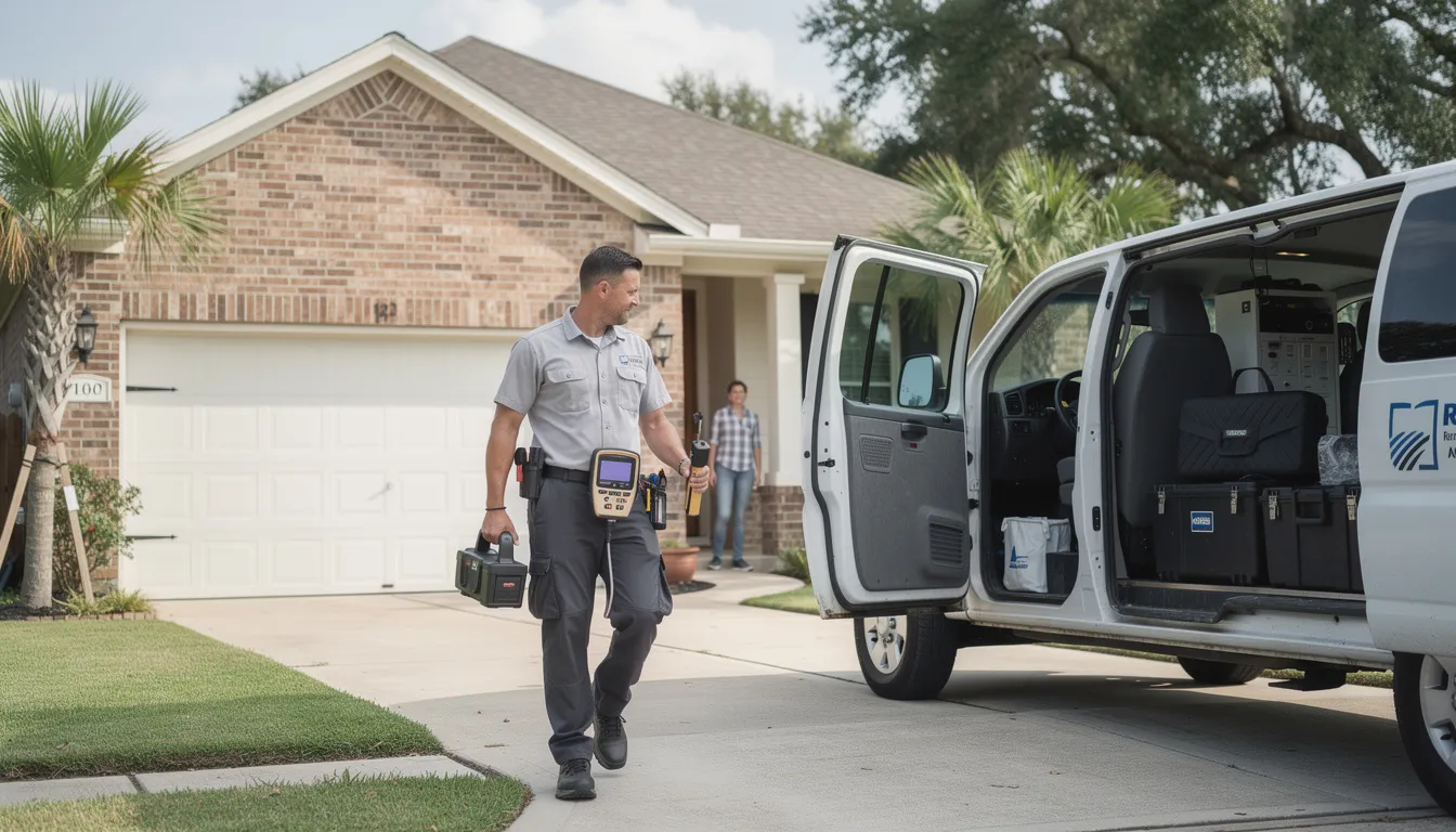 A professional restoration technician is arriving at a Houston home, equipped with moisture detection equipment to assess the extent of water damage and identify hidden moisture. This skilled team is prepared to begin the structural drying process to prevent further damage and mold growth.