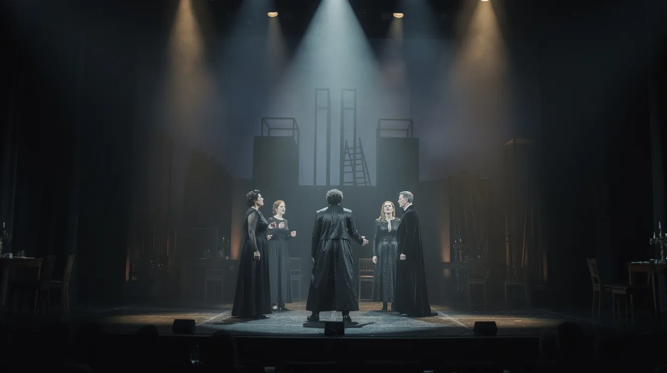 Na scenie teatralnej z dramatycznym oświetleniem występują aktorzy w ciemnych strojach, a tło stanowi mroczna scenografia. Ta inscenizacja może nawiązywać do narodowego czytania, podkreślając wartości kształtujące naród oraz wybitne dzieła polskiej literatury patriotycznej.