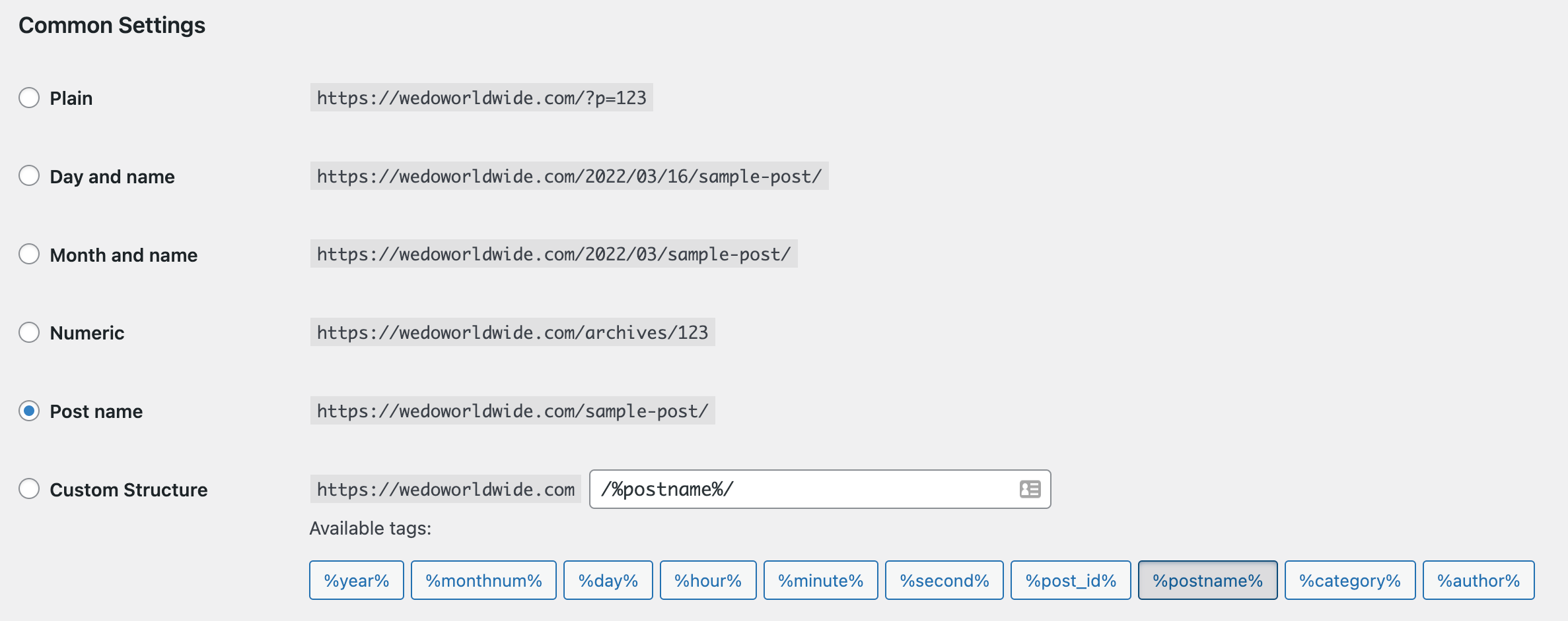 Permalink URL structure settings