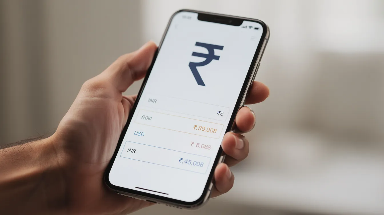 A hand is holding a smartphone that displays a currency conversion screen featuring the Indian rupee symbol, indicating the live exchange rates for international money transfers. This image represents the convenience of using SBM Bank for secure and easy remittances, allowing customers to send money efficiently.